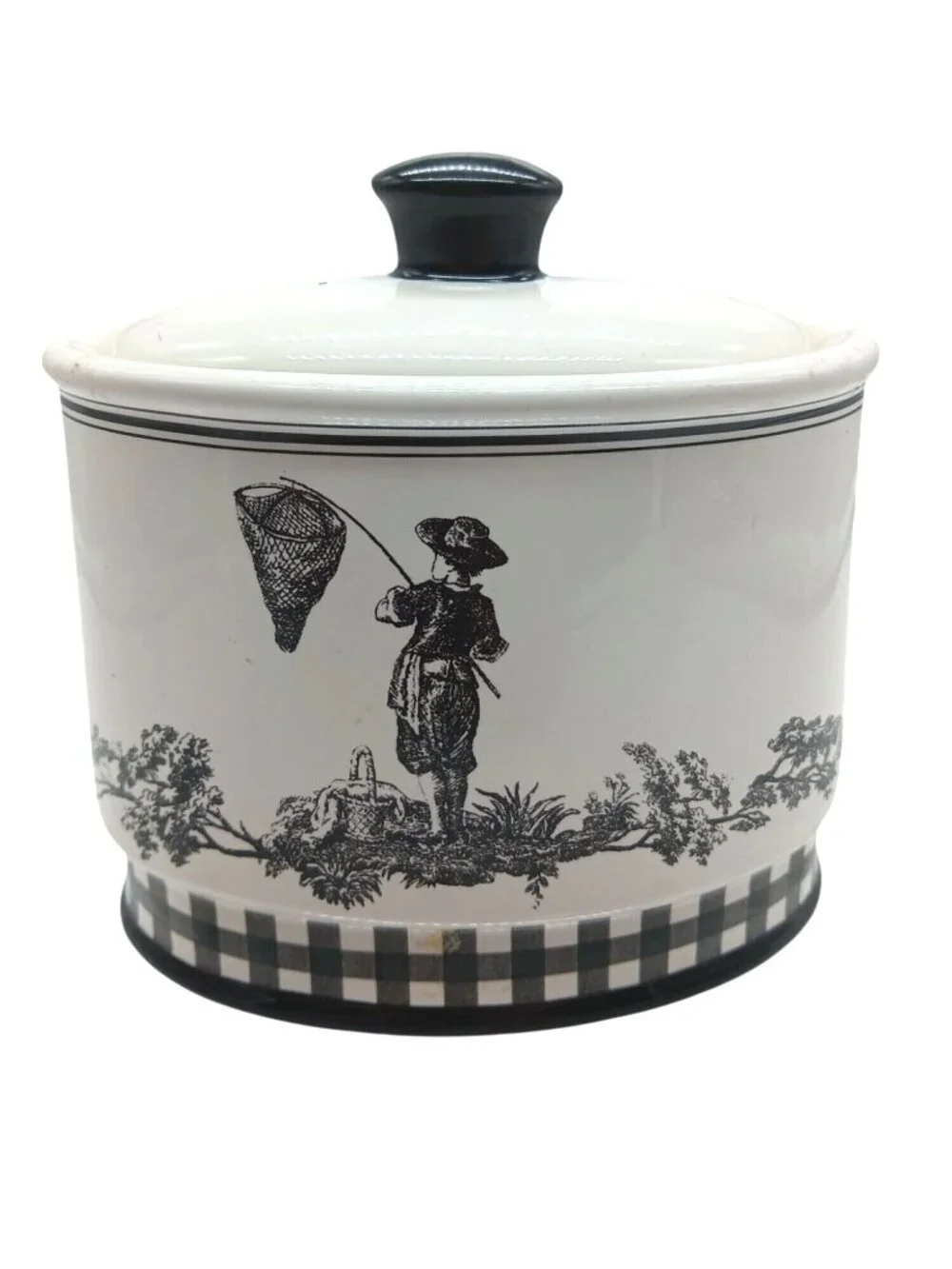 Vintage Waverly County Life Ceramic Lid Container Black White Toile Small Bath
